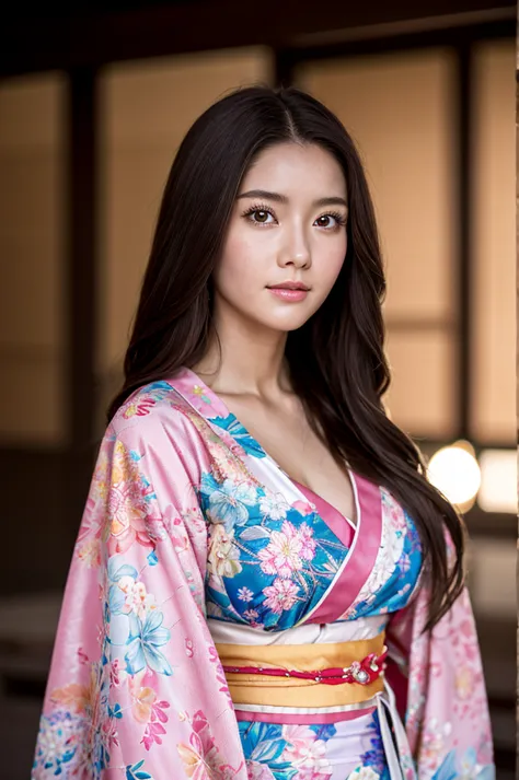 Realistic, Highest quality, 8K, woman, 20-year-old, Sakura pattern kimono, Large bust, Long Hair, Ultra-detailed skin textures, ...