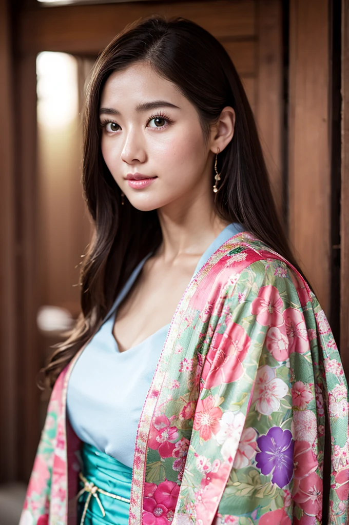 Réaliste, la plus haute qualité, 8k, femme, 20 ans, Kimono motif Sakura, grand buste, cheveux longs, Textures de peau ultra détaillées, éclairage doux, Fée, bokeh