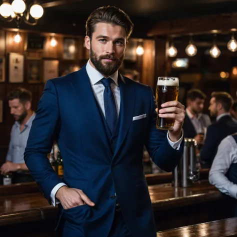 RAW-Foto, Full length portrait of a handsome man with beard in a dark blue suit, with arms crossed, he stands in a crowded bar w...