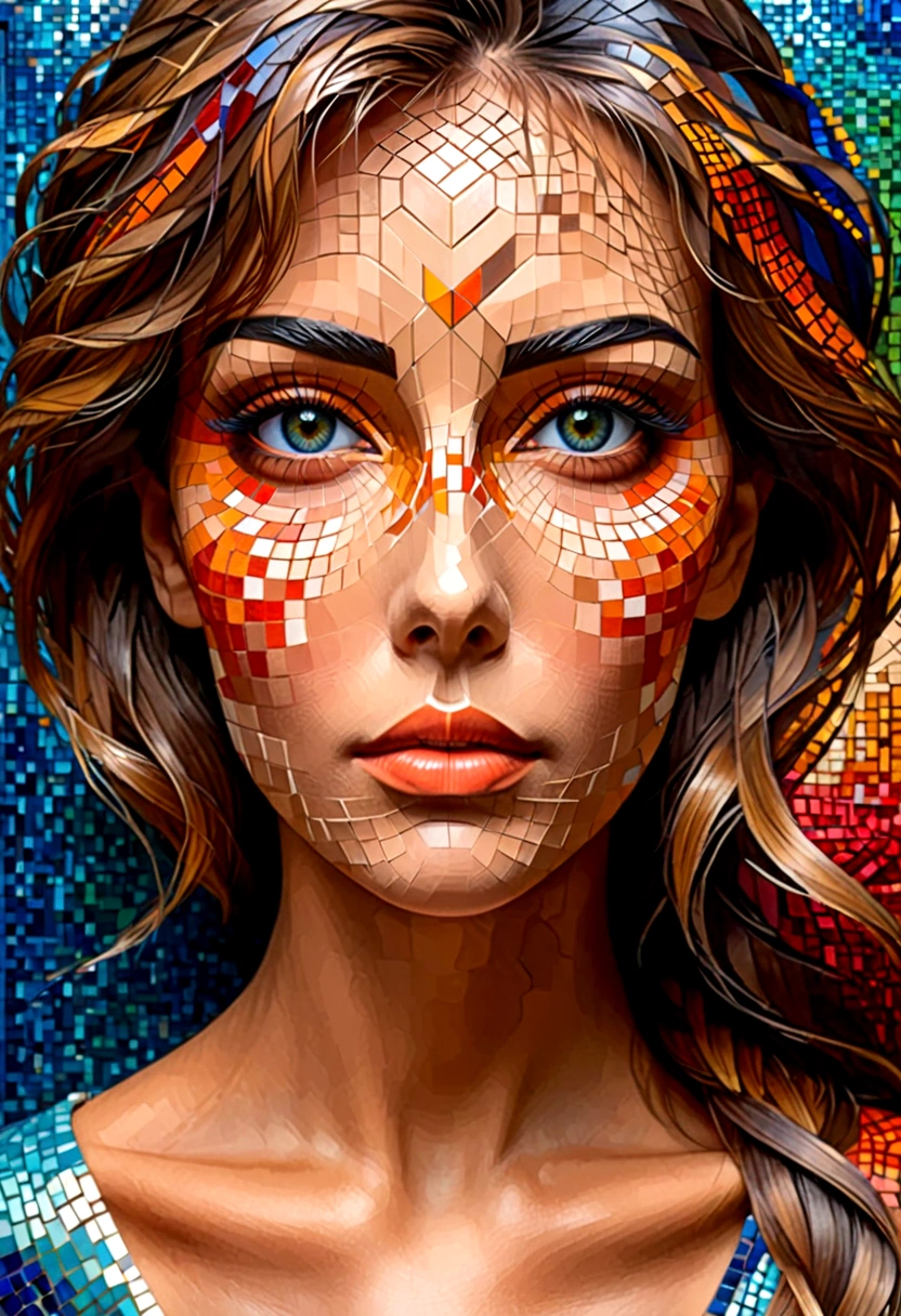 Arte em mosaico geométrico digital 3D,rosto da mulher jovem,abstrato,pintura profissional