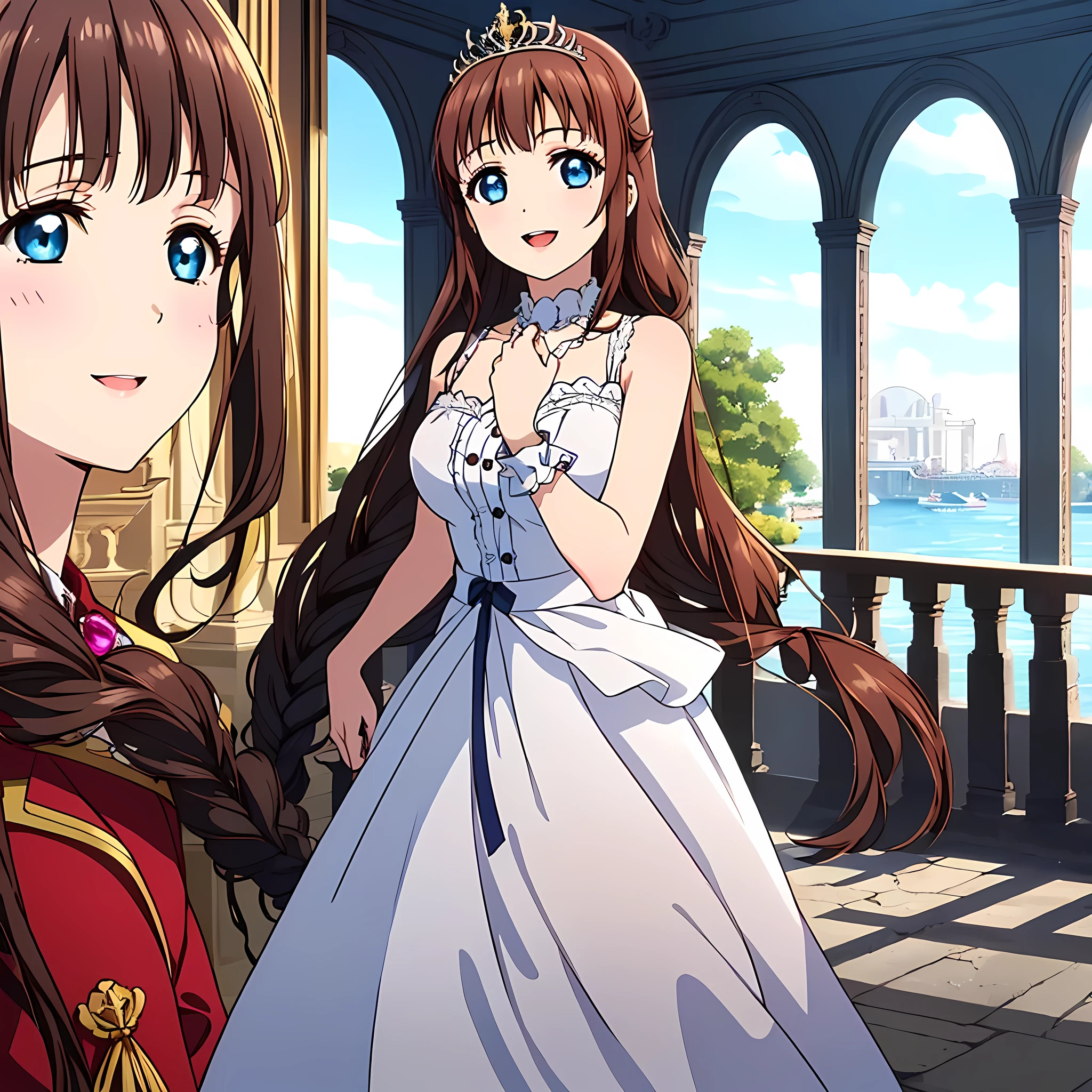 (highest quality, masterpiece:1.2), highest quality, High resolution, 1080P, 8K, Height: 158cm, ((High-definition game CG)), ((Like a beautiful girl dreaming of a game heroine、Very intelligent, very noble, lovely and pure beautiful princesses、With the best smile、Looking at the audience、Hands over their mouths)), A face that everyone loves, Glossy lips, Even bangs, ((Very beautiful blue eyes)), ((Very beautiful and long hair)), (((The most luxurious in the world、Rococo dress))), ((tiara studded with diamonds)), So many gemstones, Extremely lustrous, shiny game heroine lips, A girl with her open hand over her open mouth, like a game heroine, Ribbon in hair, Tight waist, slender, The ribbon is big and very pretty., Beautiful hair like a hair model, Long skirt, ((((French palace ballroom))))