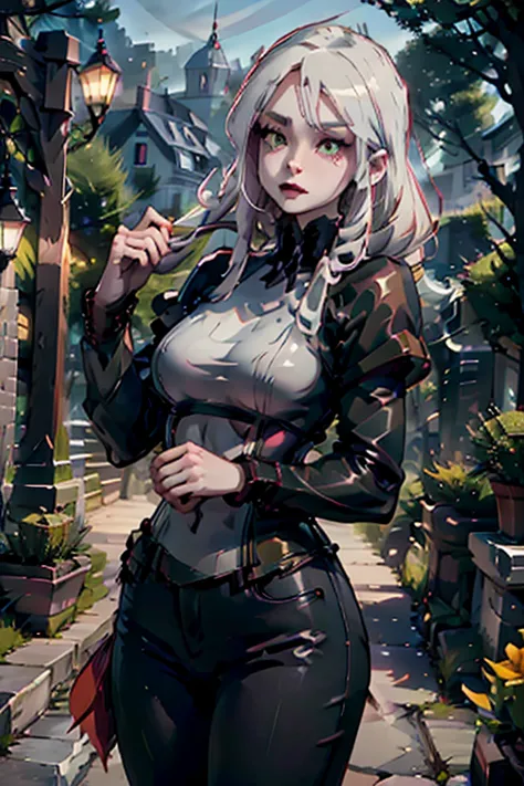 a young white haired woman with green eyes and an hourglass figure in a leather jacket and jeans is collecting herbs in a garden...