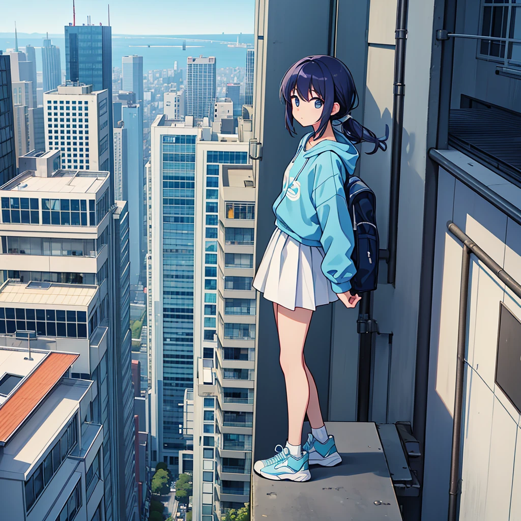 500m Miki Hayaka, The city is at your feet, Wear light blue sneakers, It stands on a building，Overlooking the town, His feet wouldn&#39;t allow the car to pass., She is smiling