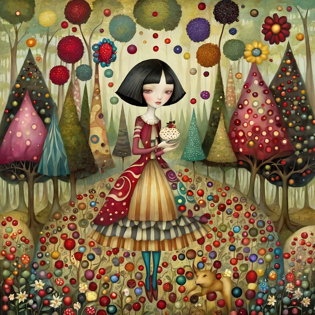 Patchwork by Klimt, Nicoletta Ceccoli, Naoto Hattori, Lawrence Didier, Leonora Carrington of European Woman with short black hair and a long wide skirt,  walks in beautiful forest with strangely shaped trees of many colors, holds flowers and berries in his hands. warm colors