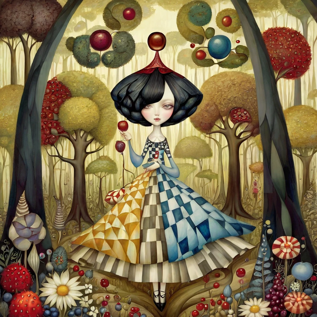 Patchwork de Klimt, Nicoletta Ceccoli, Naoto Hattori, Laurent Didier, Leonora Carrington de Femme européenne avec des cheveux noirs courts et une jupe longue et large,  promenades dans une belle forêt avec des arbres aux formes étranges et aux couleurs variées, tient des fleurs et des baies dans ses mains. Couleurs chaudes