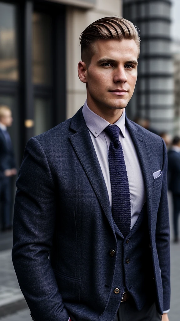 Ultra-realistic, cinematic, man, 29 years old, blond hair hair, side parted hairstyle , clean shaven, hourglass body type, wears navy blue blazer, lavender checked shirt, dark brown knitted tie , walks on street of Moscow, autumn, happy