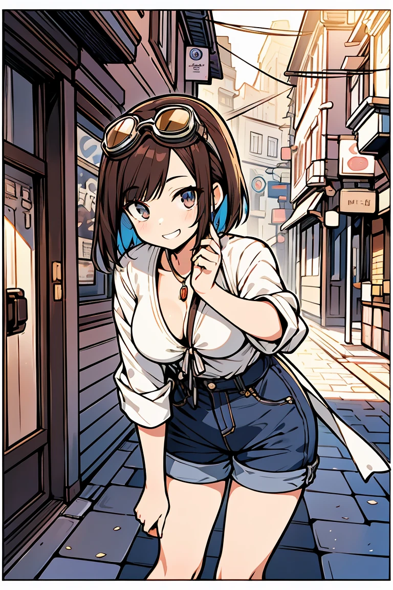 (1 personのドワーフの女の子), (1 person), Holding my knees, (super high quality), masterpiece, Open-necked clothing, Wear goggles on your head, (Brown Hair Color), (Colorful colors), Casual Scene, She is wearing fashionable clothes, Shorts, Street atmosphere, Perfect body, (E Cup:1.2), Grin, Fresh, (Asymmetrical bangs:1.3),Short Bob, (Highly detailed face and eyes), Sharp eyes, Digital Art, beautiful, Cinema Lighting, yusuke murata.tonality, Romanticism, modern art, Impressionism, reflected light, 8K, masterpiece, Advanced Details, Highest quality, Five Fingers,Accurate anatomy