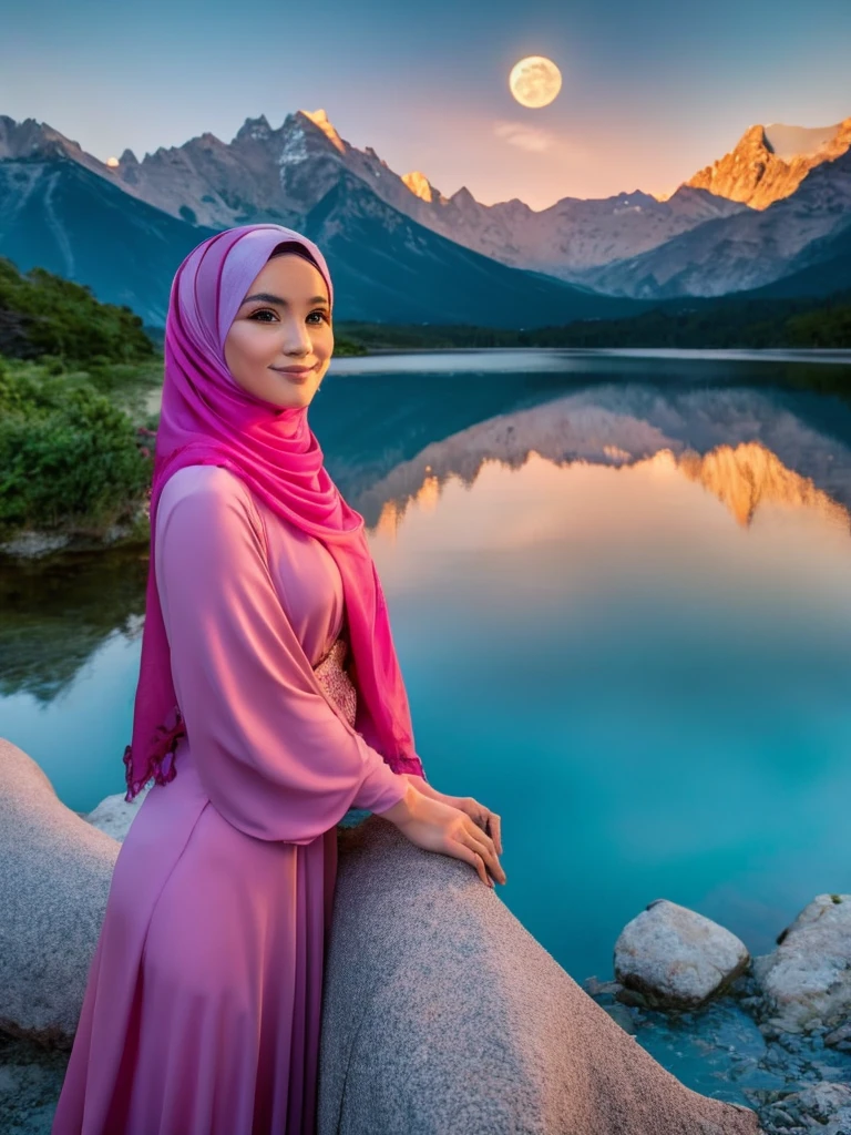 Une nuit très étoilée. Grande lune derrière les montagnes. Le lac calme reflète la nuit. une belle femme indonésienne en hijab, Robe rose, menton reposant, expression rêveuse, scène réaliste, détail, photoréalisme, 16k, Abdurrahman Saleh