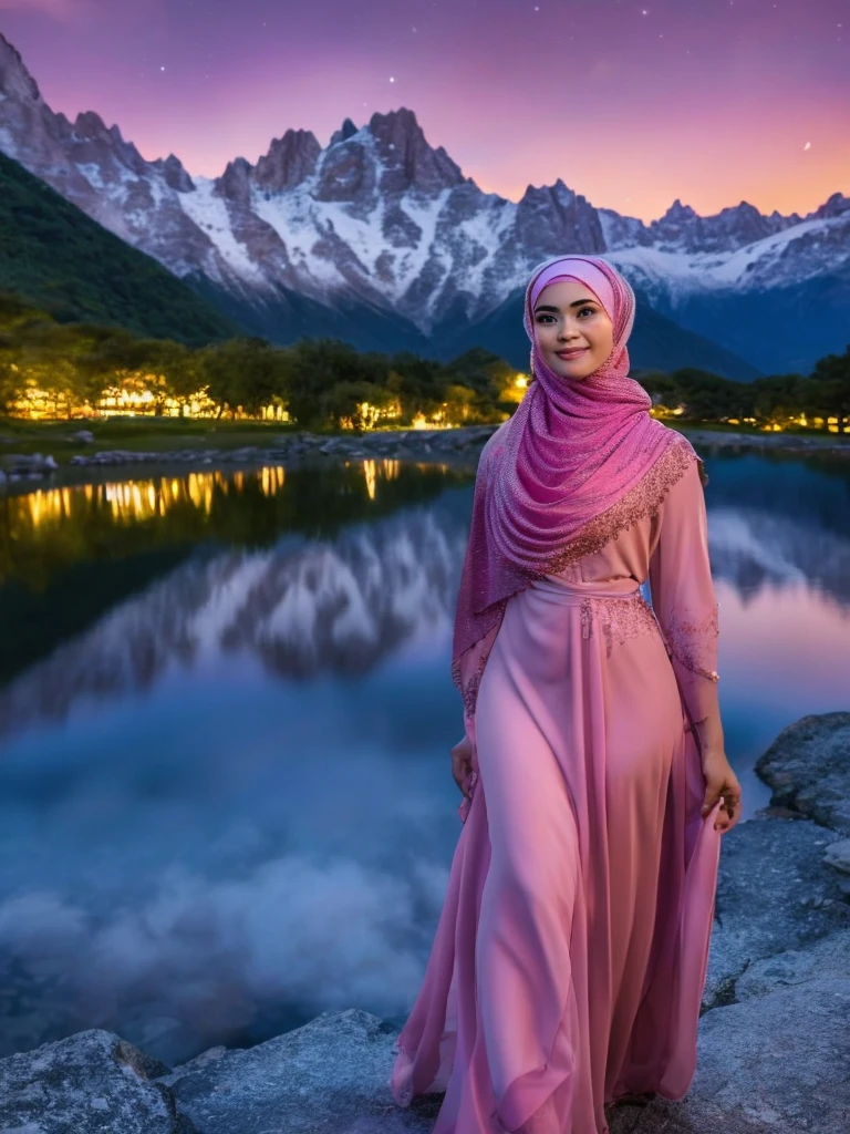 Una noche muy estrellada. Luna grande detrás de las montañas.. El tranquilo lago refleja la noche.. una hermosa mujer indonesia con hijab, vestido rosa, mentón descansando, expresión de ensueño, escena realista, detalle, Photorealism, 16k, abdurrahman saleh