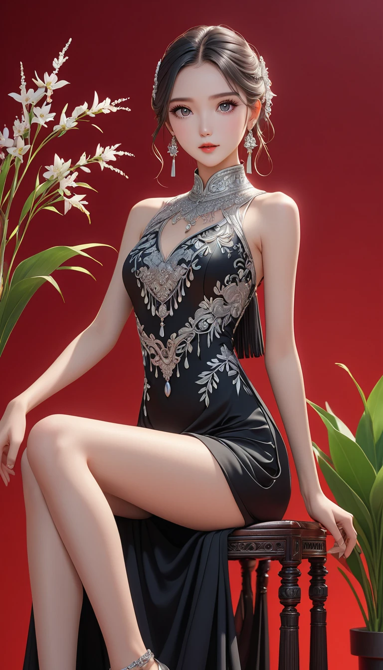 (masterpiece，high quality，8K).beautiful girl，Ethnic evening dress：1.5.Skin details，Bright Eyes，Thick eyelashes，Unique，Staring at the audience），（High collar sleeveless black maxi dress，High seat，Long legs，seedling：1.5，Silver jewelry：1.2，silver tassel：1.37，）。Ultra wide angle，Clean and simple red background