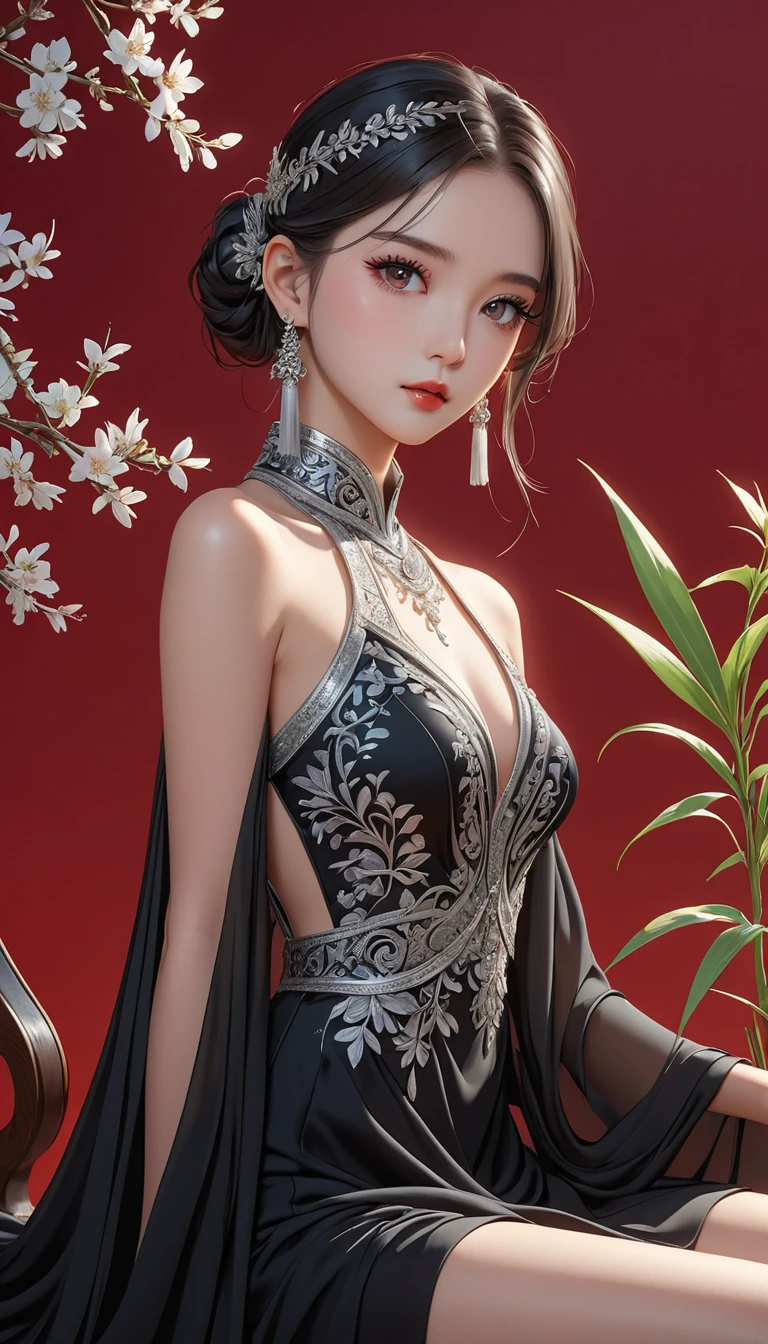 (masterpiece，high quality，8K).beautiful girl，Ethnic evening dress：1.5.Skin details，Bright Eyes，Thick eyelashes，Unique，Staring at the audience），（High collar sleeveless black maxi dress，High seat，Long legs，seedling：1.5，Silver jewelry：1.2，silver tassel：1.37，）。Ultra wide angle，Clean and simple red background