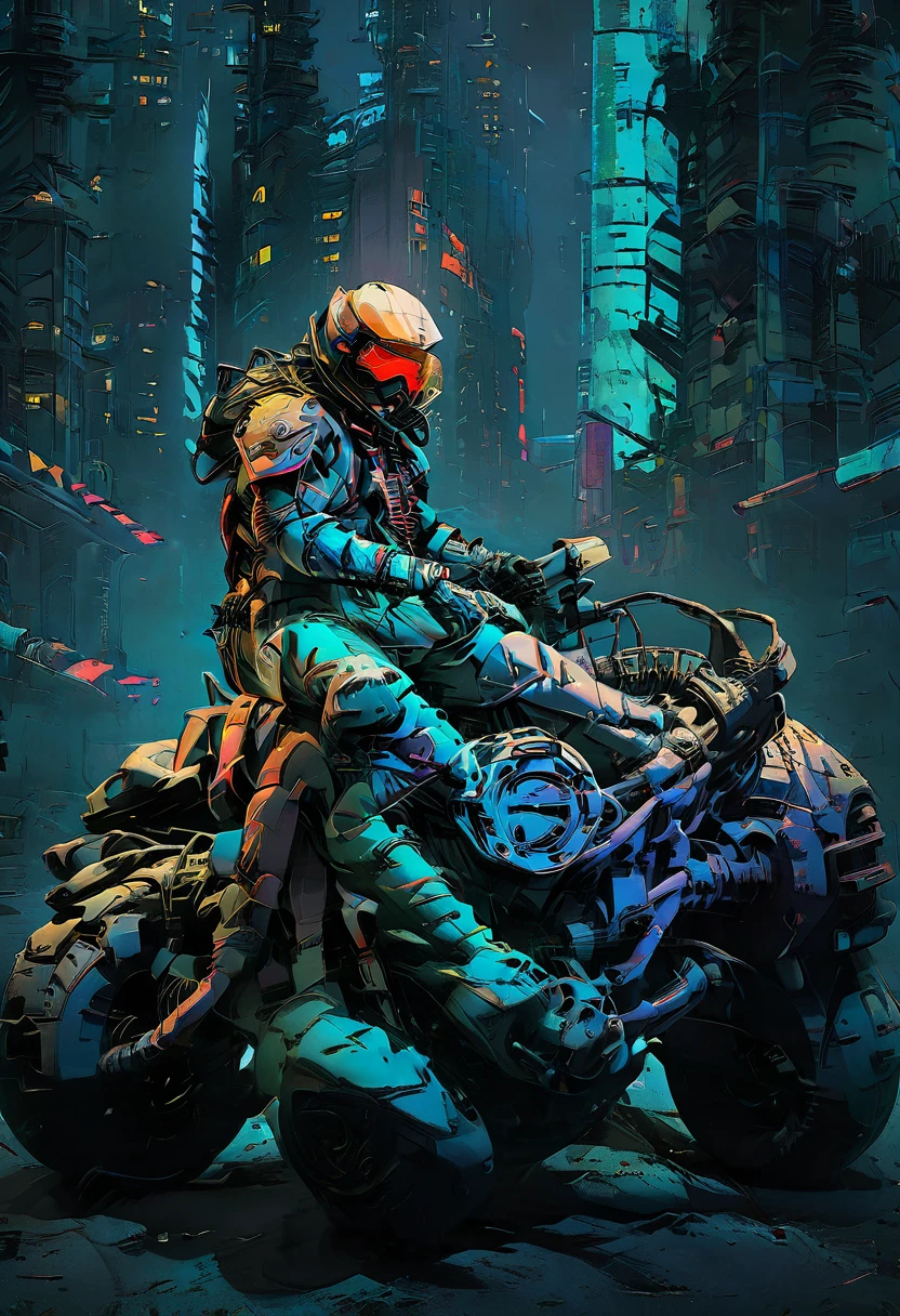 detailed cyberpunk motorcycle, futuristic motorcycle, riding on the road, motorcycle from behind view, 1 person riding motorcycle, intricate details, high resolution, 8K, photorealistic, hyper detailed, cinematic lighting, dynamic motion blur, gritty urban environment, neon lights, glowing cybernetic elements, chrome accents, weathered texture, mecha-inspired design, complex machinery, industrial cityscape, moody color palette, (Best Quality,4k,8K,high resolution,masterpiece:1.2),ultra detailed,sharp focus,(realist,photorealist,photo-realist:1.37), extremely fine,intricate details,intense lighting,dramatic lighting,Changing lighting,cinematic lighting,chiaroscuro lighting,dramatic shadows,dramatic moments,vivid colors,intense colours,Deep contrast,cinematic depth of field,cinematographic composition,cinematic camera angle