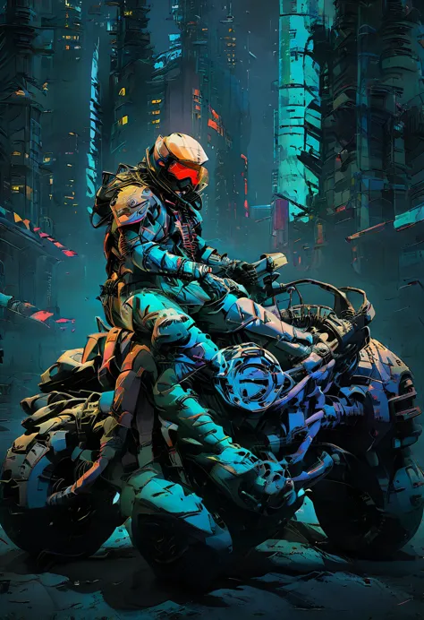 detailed cyberpunk motorcycle, futuristic motorcycle, riding on the road, motorcycle from behind view, 1 person riding motorcycl...