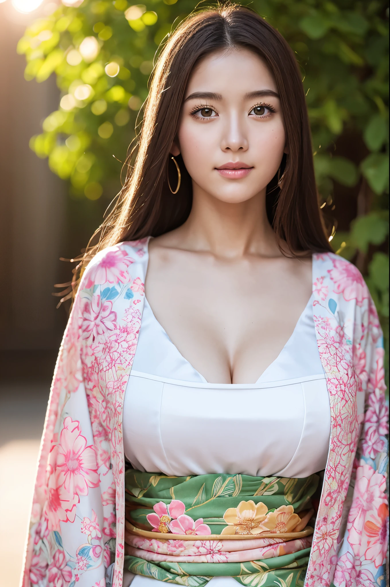 Realistic, Highest quality, 8K, woman, 20-year-old, Sakura pattern kimono, Large bust, Long Hair, Ultra-detailed skin textures, Soft lighting, Fairy, Bokeh
