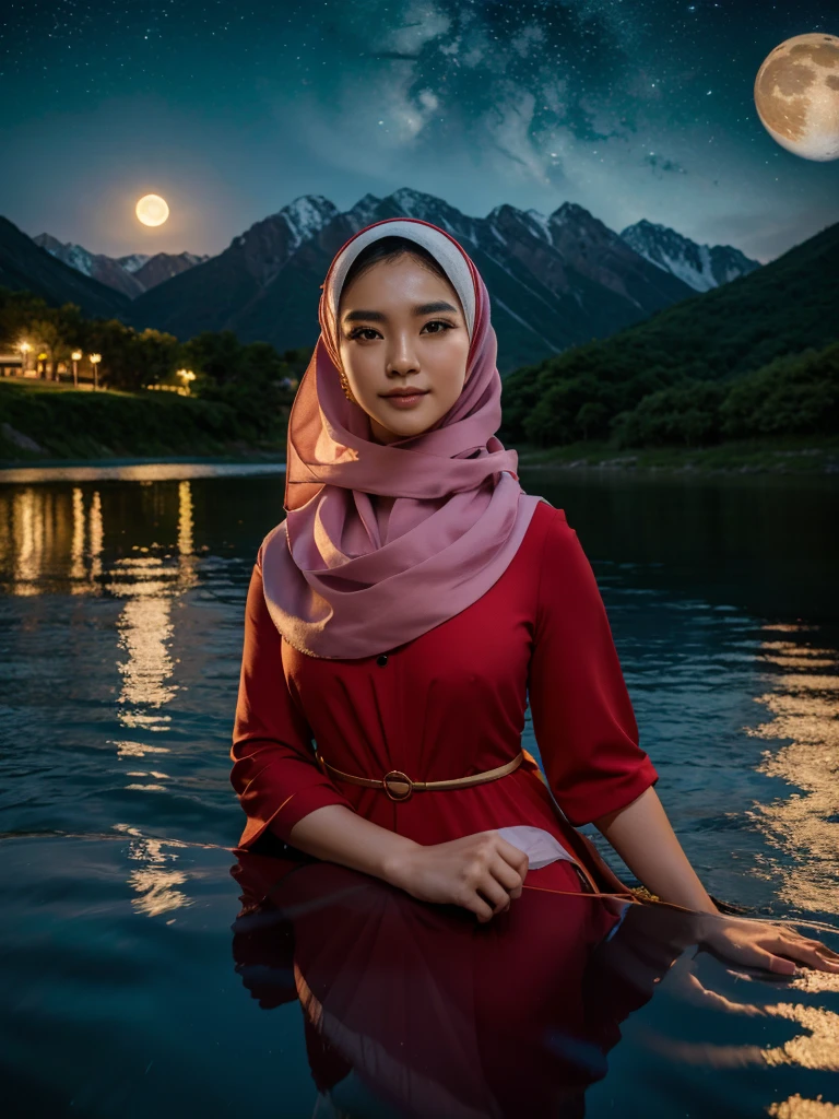 Eine sehr sternenklare Nacht. Großer Mond hinter den Bergen. Der ruhige See spiegelt die Nacht. eine schöne Koreanerin im Hijab, rotes Kleid, Kinn ruhen lassen, verträumter Ausdruck, Realistische Szene, Detail, Fotorealismus, 16k