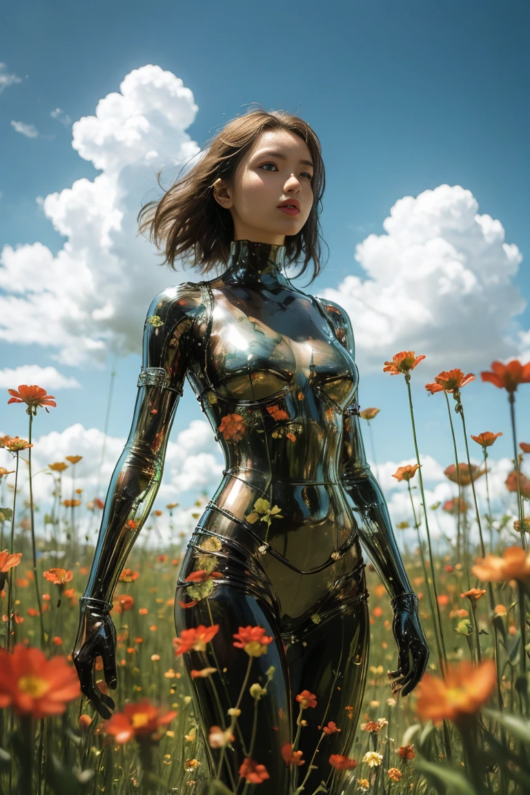 wallpaper，32k，uhd, high details, best quality, highres, masterpiece，1 girl, Looking at the audience, full body,Practical, Long hair, Long hair blown by wind, Random Action，Solitary, Flowers, Sky, Sky, outdoor, short hair, brown Long hair, Science fiction, Vague, Grass, realism, cloud, blue Sky, Chest, Lips, transparent, transparent, transparent,