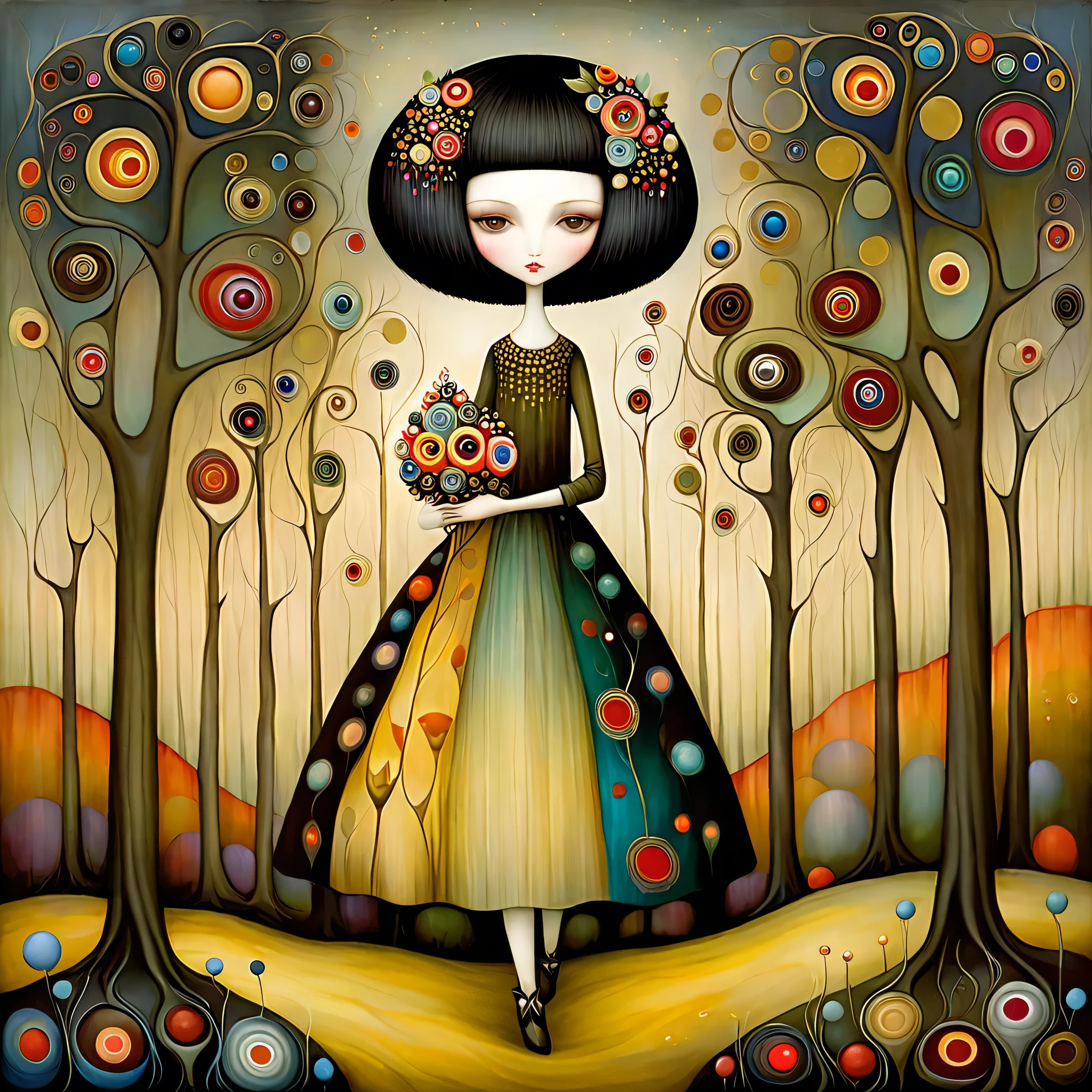 Patchwork by Klimt, Nicoletta Ceccoli, Naoto Hattori, Lawrence Didier, Leonora Carrington of European Woman with short black hair and a long wide skirt, walks in beautiful forest with strangely shaped trees of many colors, holds flowers and berries in his hands. warm colors
