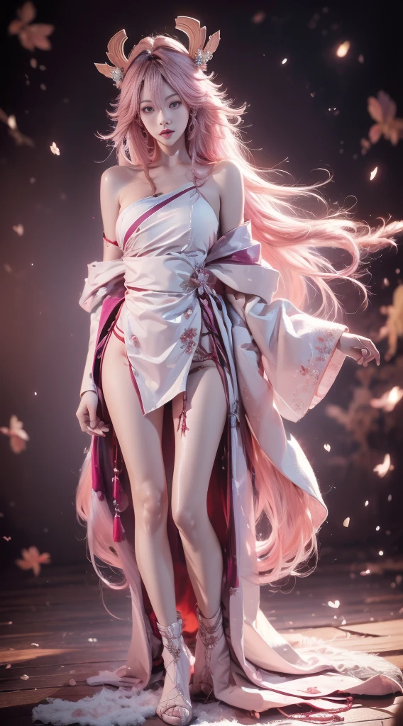 shenzi,1girl,long hair,pink hair,purple eyes,very long hair,hair_ornament,pink kimono ((cowboy shot)), ((Bare shoulder)), ((Short hemlines, sexy long legs)), realistic detailed photo of a giant breasted girl with exposed shoulders, detailed fingers, high quality skin, red eyes, alone in a winter scene with clouds, wind, and flowing hair, (best quality,4k,8k,highres,masterpiece:1.2),ultra-detailed,(realistic,photorealistic,photo-realistic:1.37),studio lighting,vivid colors