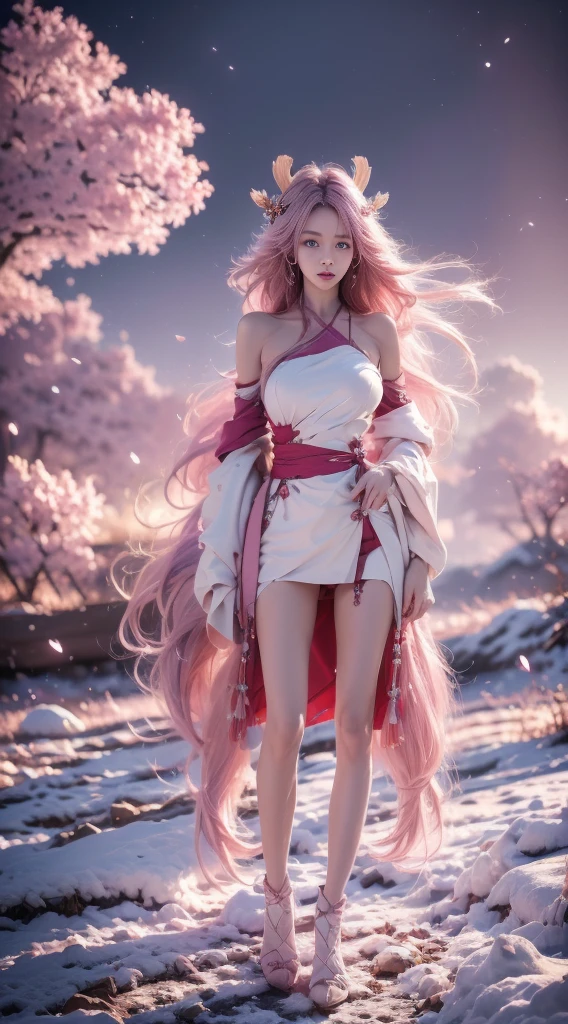 shenzi,1girl,long hair,pink hair,purple eyes,very long hair,hair_ornament,pink kimono ((cowboy shot)), ((Bare shoulder)), ((Short hemlines, sexy long legs)), realistic detailed photo of a giant breasted girl with exposed shoulders, detailed fingers, high quality skin, red eyes, alone in a winter scene with clouds, wind, and flowing hair, (best quality,4k,8k,highres,masterpiece:1.2),ultra-detailed,(realistic,photorealistic,photo-realistic:1.37),studio lighting,vivid colors