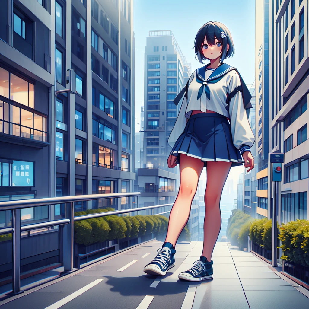 5000m Miki Hayaka, The city is at your feet, Wear light blue sneakers, It stands on a building，Overlooking the town, A girl taller than a tall building，Shy，Sailor Suit，Short skirt，A city smaller than an ant
