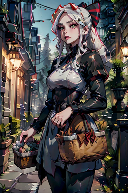 A young white haired woman with green eyes and an hourglass figure in a leather jacket and jeans is holding a basket of herbs at night