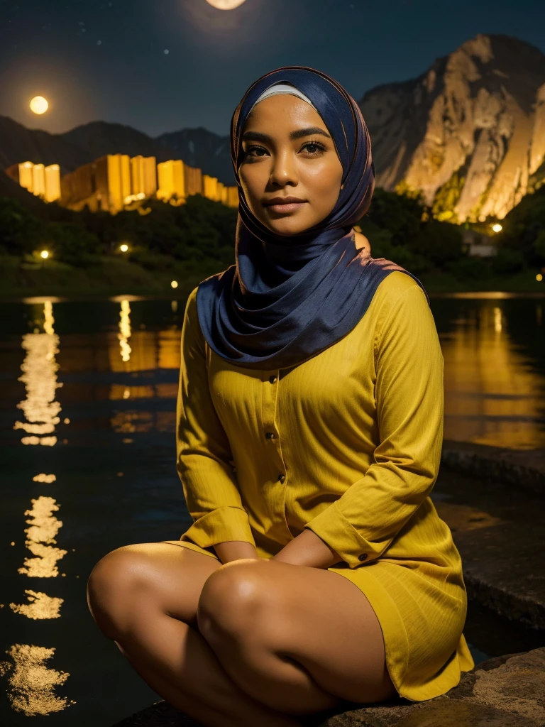 ليلة مليئة بالنجوم جدا. القمر الكبير خلف الجبال. البحيرة الهادئة تعكس الليل. امرأة إندونيسية جميلة ترتدي الحجاب, قميص أصفر, تجلس مع ركبتيها مسنودتين, تعبير حزين, مشهد واقعي, التفاصيل, الواقعية, 16 ك