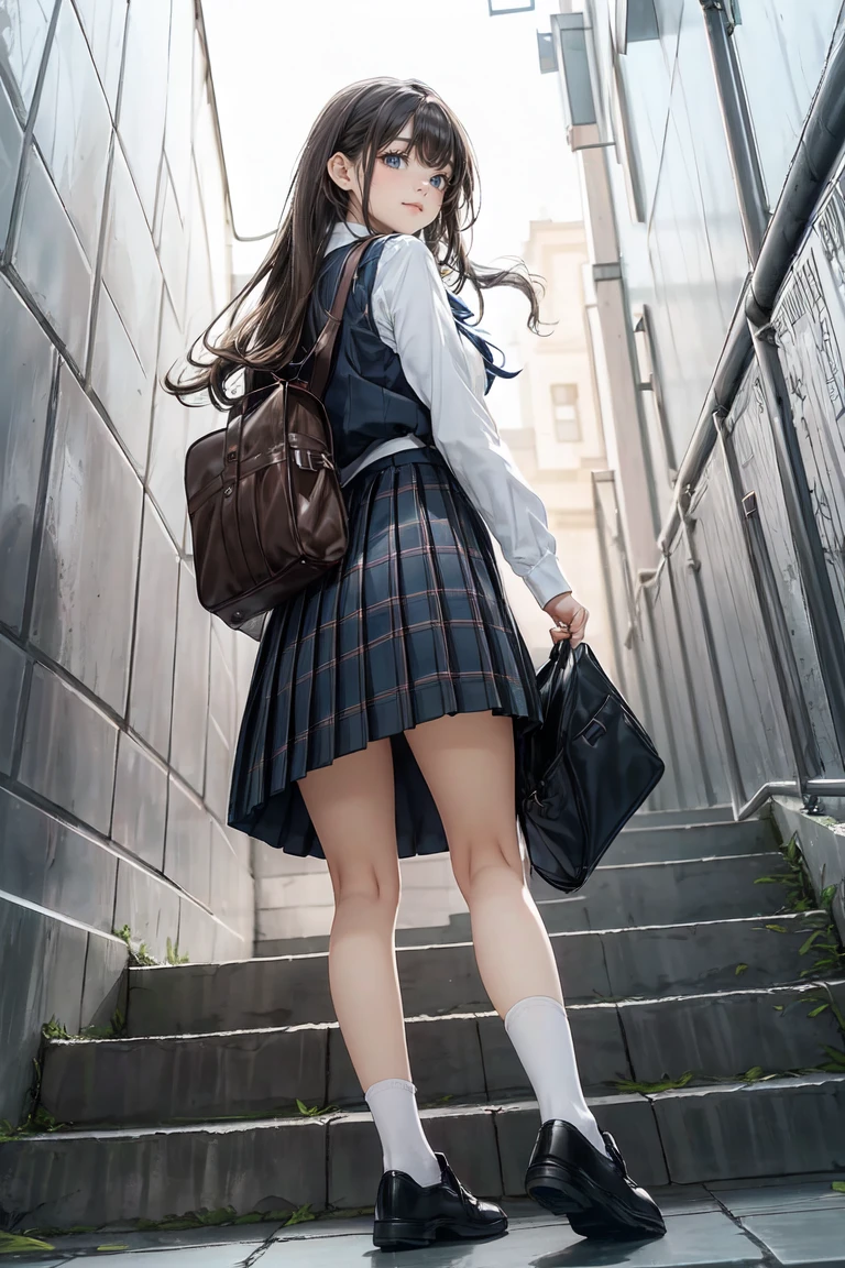 (full body:1.3), (Angle from below:1.3), (ultra detailed eyes), (ultra detailed face), high quality, best image quality, masterpiece, teenage girl, 18 years old, very cute and beautiful girl, (school stairs:1.2), ((school uniform)), (school vest:1.2), (plaid skirt:1.2), school bag, (Dark blue ankle socks:1.2), (Brown Loafers:1.2), medium breasts, medium black hair, soft wavy hair, (smile:1.2), (looking back, from behind:1.3), Natural lighting, Hair fluttering in the wind, ((Finest quality)), ultra high resolution, ultra-detailliert, Meticulous portrayal, ((Best Anime)),