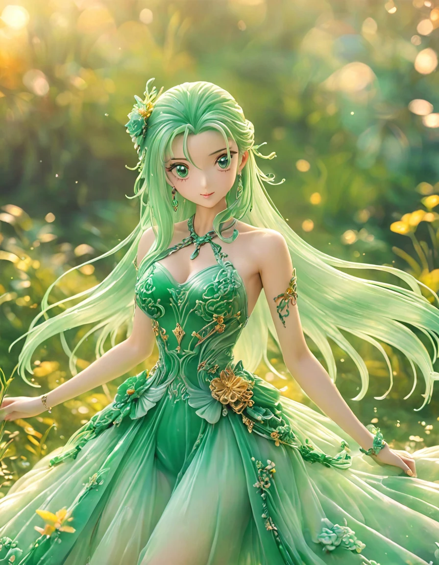 best quality, very good, 16K, ridiculous, Very detailed, charming((( Evening dress 1.3)))，Made of translucent jadeite, Background grassland（（A masterpiece full of fantasy elements）））， （（best quality））， （（Intricate details））（8K）