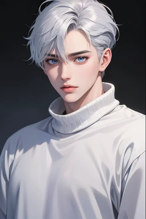 Boy, silver hair, blue eyes, serious sharp features, white skin, shiny lips, handsome, perfect, sweater