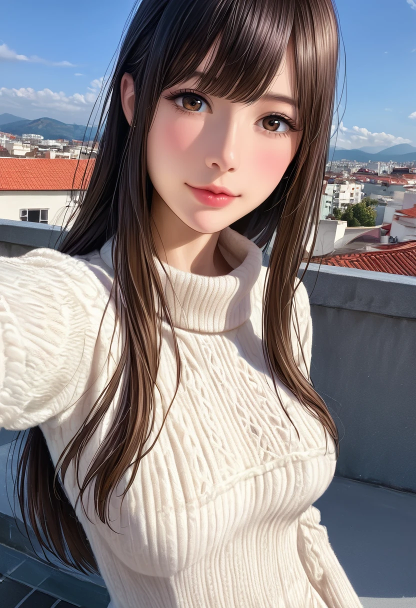 (Solitary:1.3)), 1 Girl, best quality, realistic, Reality, best quality, masterpiece, Very refined, Very detailed, (Selfie:1.2), Fine details, Ultra Detailed, HD, Very detailed, realistic, Ultra HD, best quality, Ultra HD, (real:1.4), High quality textures, Wearing a white thin summer sweater, On the roof, Bangs, Long hair , Afternoon Sunshine, Spectacular sky and clouds