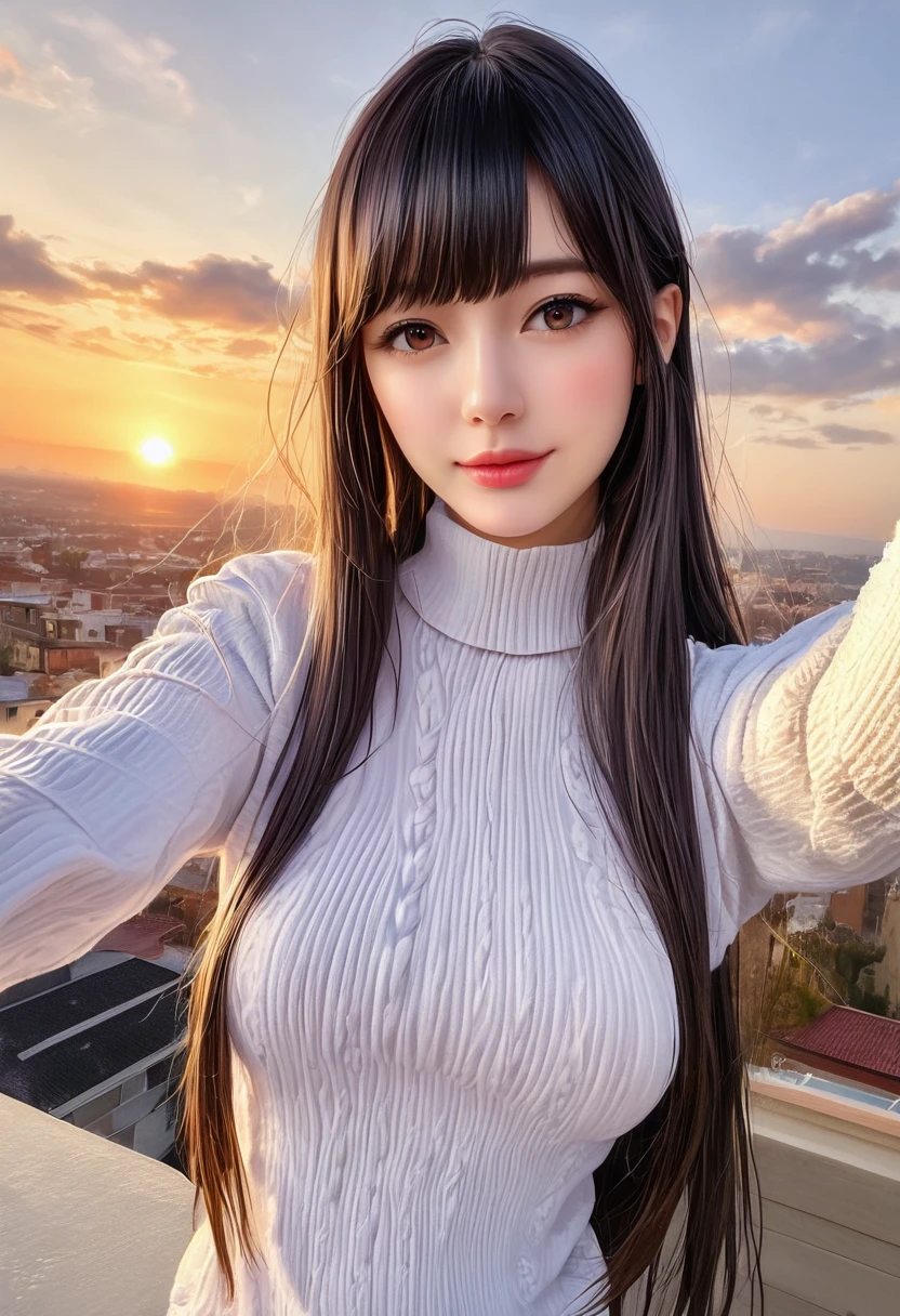 (Solitary:1.3)), 1 Girl, best quality, realistic, Reality, best quality, masterpiece, Very refined, Very detailed, (Selfie:1.2), Fine details, Ultra Detailed, HD, Very detailed, realistic, Ultra HD, best quality, Ultra HD, (real:1.4), High quality textures, Wearing a white thin summer sweater, On the roof, Bangs, Long hair , Afternoon Sunshine, Spectacular sky and clouds