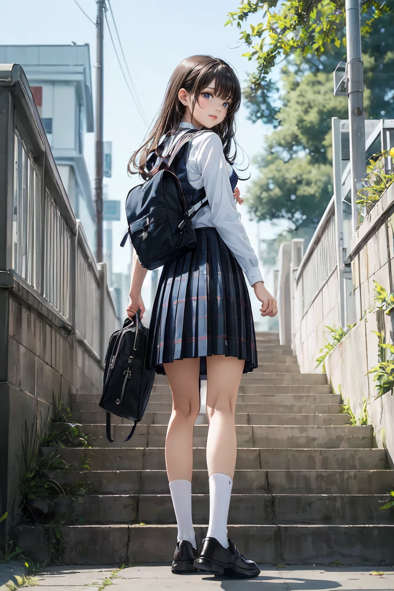 (full body:1.3), (Angle from below:1.3), (ultra detailed eyes), (ultra detailed face), high quality, best image quality, masterpiece, teenage girl, 18 years old, very cute and beautiful girl, (school stairs:1.2), ((school uniform)), (school vest:1.2), (plaid skirt:1.2), school bag, (Dark blue ankle socks:1.2), (Brown Loafers:1.2), medium breasts, medium black hair, soft wavy hair, (smile:1.2), (looking back, from behind:1.3), Natural lighting, Hair fluttering in the wind, ((Finest quality)), ultra high resolution, ultra-detailliert, Meticulous portrayal, ((Best Anime)),