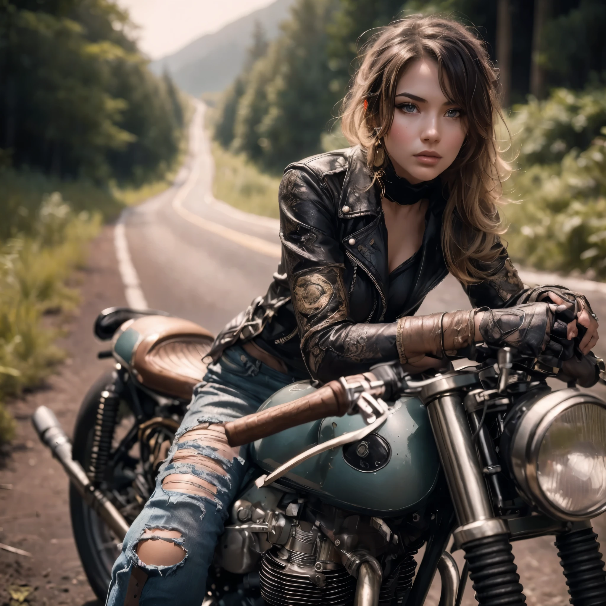  Café Racer, femme caucasienne, gros seins naturels parfaits, les cavaliers portent, Beau visage, tenue en cuir, détails très complexes, peinture métallique, route unique en pleine nature, photo réaliste, prise avec le film Fuji X-T30+nuit. HDR10, 