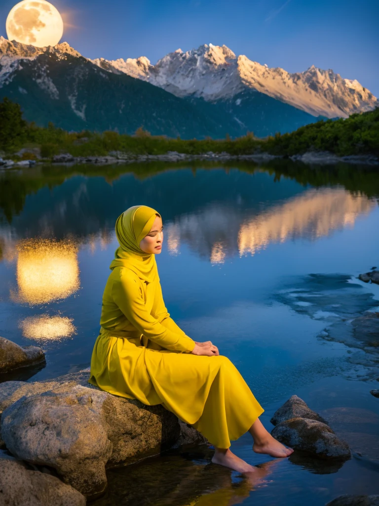 Una noche muy estrellada. Luna grande detrás de las montañas.. El tranquilo lago refleja la noche.. Vista lateral, una hermosa mujer coreana que lleva un hijab, falda larga amarilla, sentado en una roca, rodillas apoyadas, descalzo, expresión triste, escena realista, detalle, Photorealism, 16k