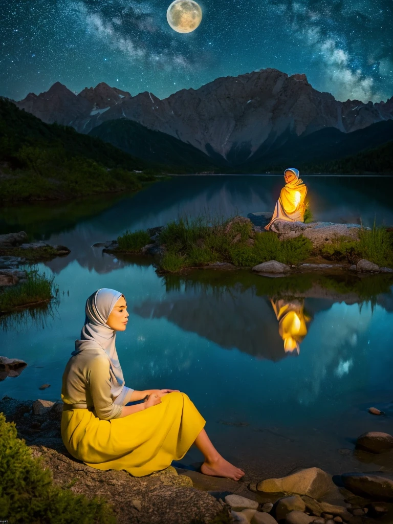 Une nuit très étoilée. Grande lune derrière les montagnes. Le lac calme reflète la nuit. vue de côté, une belle femme coréenne portant un hijab, Jupe longue jaune, assis sur un rocher, genoux calés, pieds nus, expression triste, scène réaliste, détail, photoréalisme, 16k