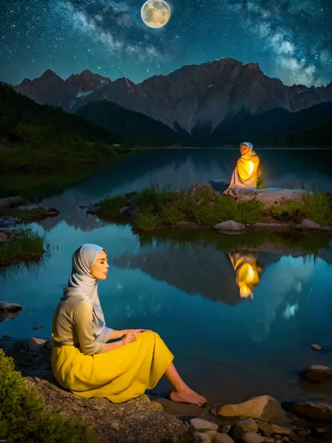 A very starry night. Big moon behind the mountains. The calm lake reflects the night. side view, a beautiful Korean woman wearin...