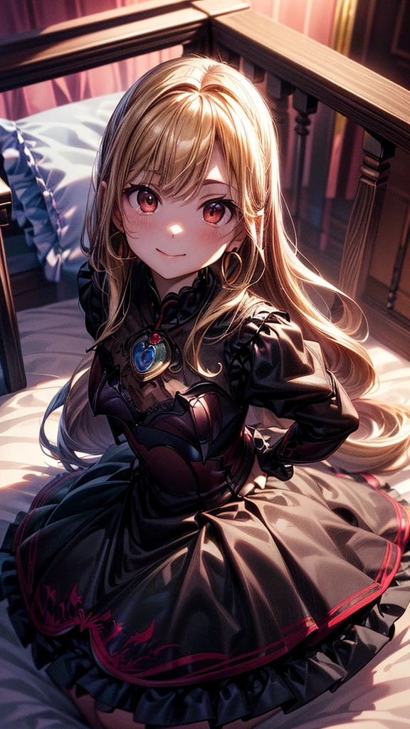 最high quality、Best image quality、masterpiece、Teenage Girls((1、black and red sexy dress、Best Bust、Bust 85、Blonde long hair、Iris、Open your chest wide、valley、happiness、Slender、Chest lifting posture、Gold earrings、bedにひざまずいて)）high quality、Beautiful art、background((night、Bat、Nice and clean room、bed))Tabletop、Exquisite design、Visual Arts、High-value contract、Best lighting、Highest detail、Low angle