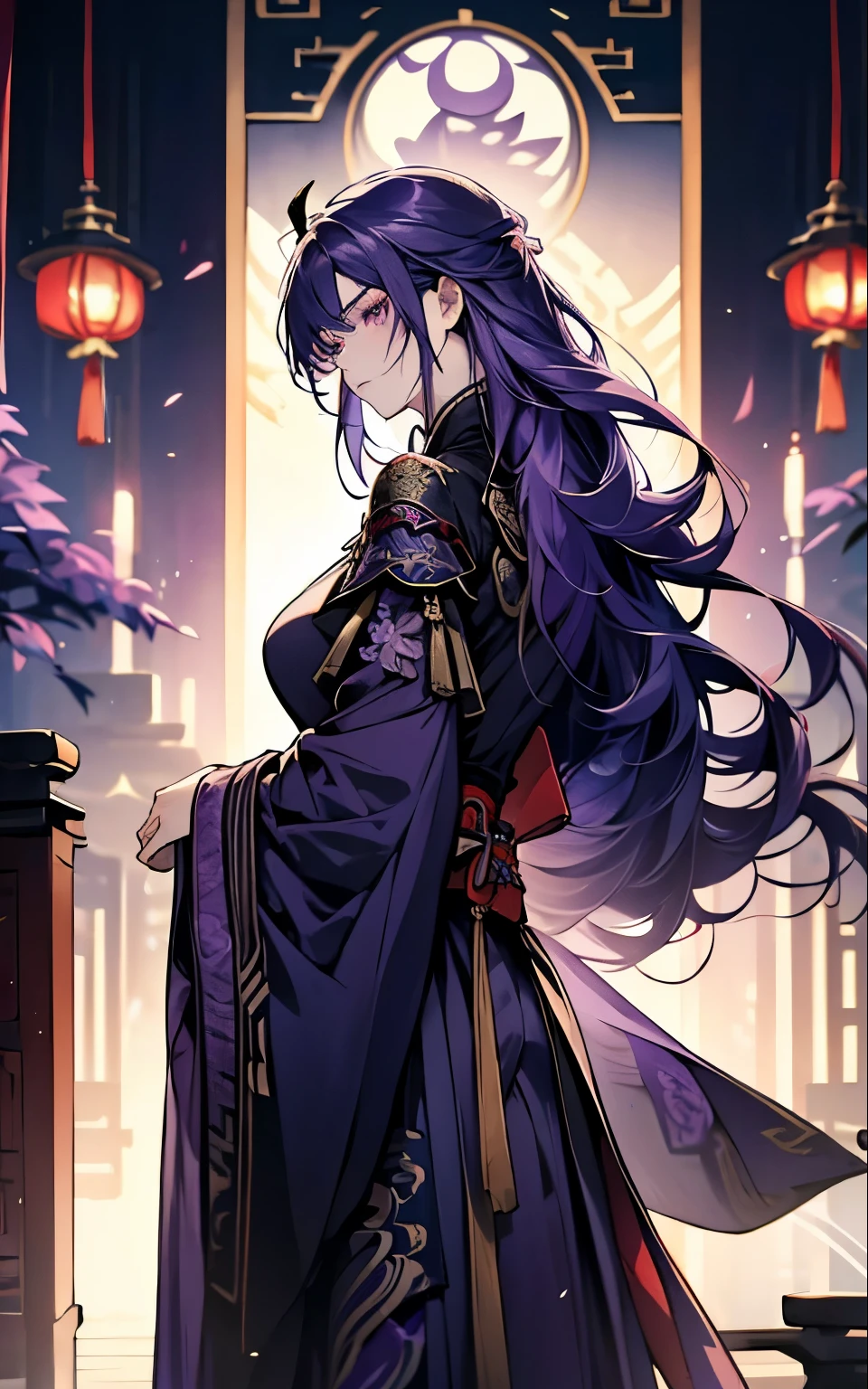 Raiden Shogin - genshin impact, long purple hair, violet eyes, violet chinese clothes, ultra long skirt, chinese room, portrait