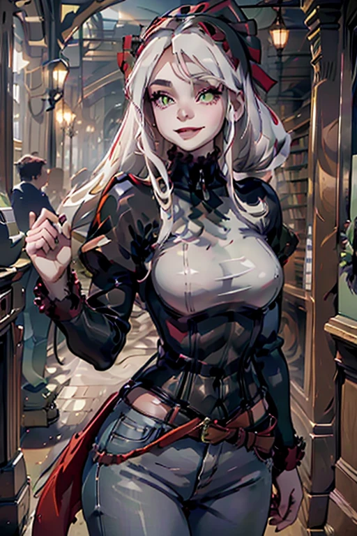 A young white haired woman with green eyes and an hourglass figure in a leather jacket and jeans is entering a library with a big smile