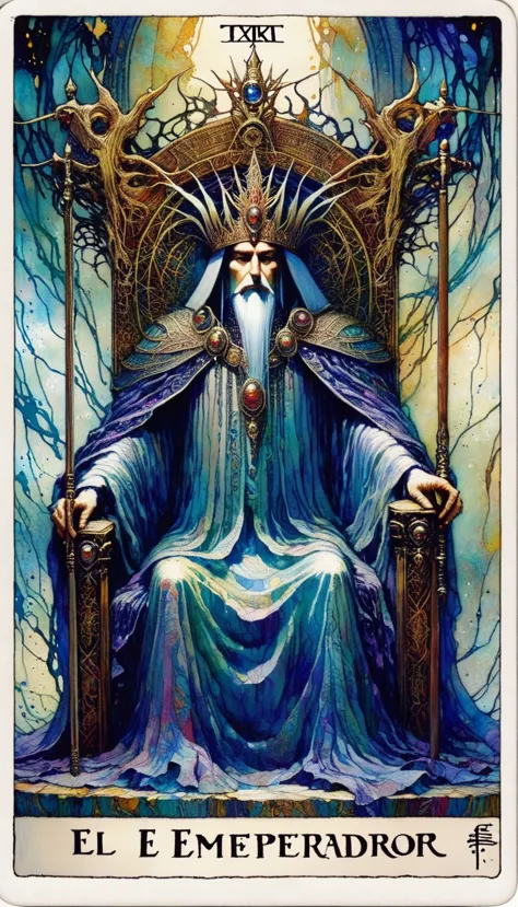 tarot card, the emperor, in the trone ((text on card: "el emperador"))by brian froud and carne griffiths and wadim kashin, intri...