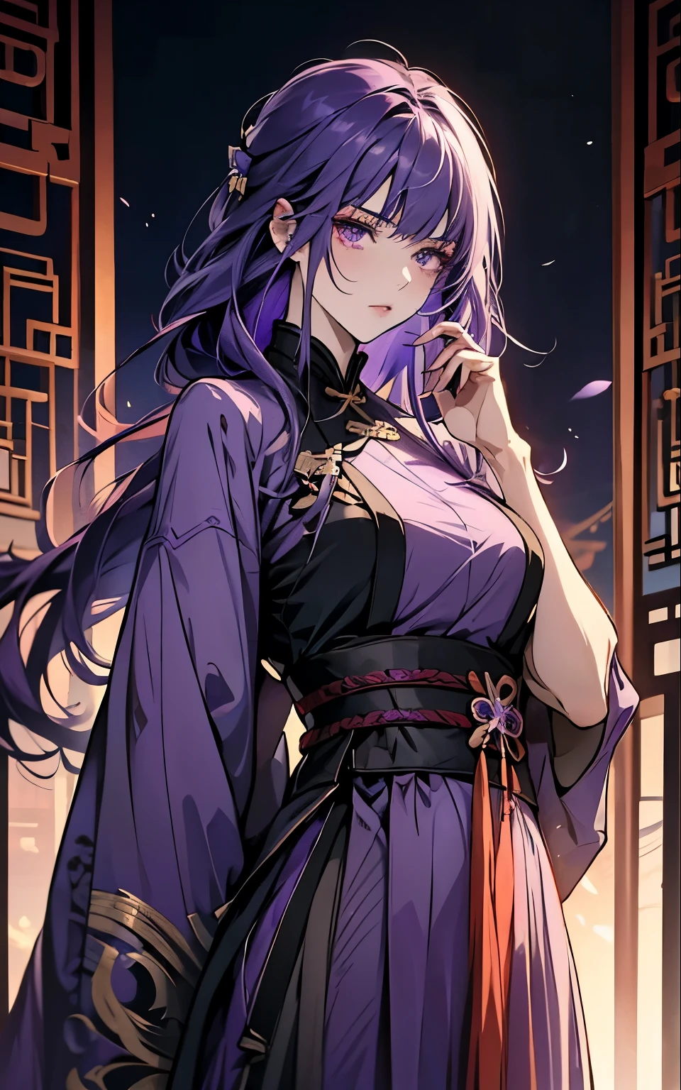 Raiden Shogin - genshin impact, long purple hair, violet eyes, (!violet! clothes), violet chinese clothes, ultra long skirt, chinese room, portrait