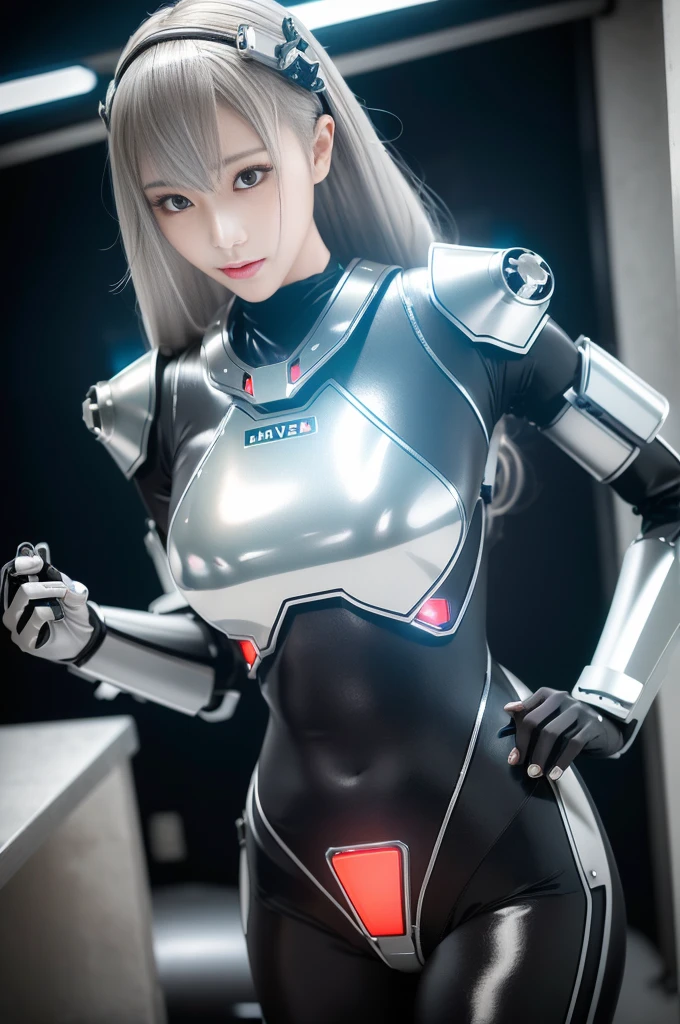 Super Detail, High Detail, high quality, best quality, High resolution，1 female robot，Beautiful female robot,beautiful clear face(Rain waves_haneame：1.5)， Mechanical body(Smooth metal surface，silver armor，Mechanical seams of skin，beautiful body curves)，Mechanical body structure,High-tech all over the body(Deva Battle Suit : 1.5)，Streamlined mechanical armor (Relatively thick，Highlight breast curves),Technology Antenna Hair Accessories