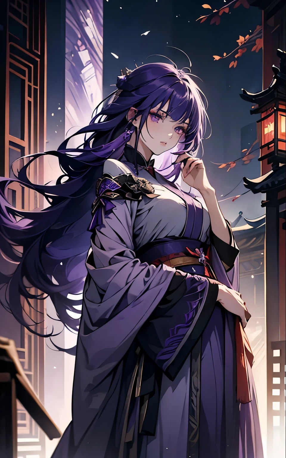 Raiden Shogin - genshin impact, long purple hair, violet eyes, (!violet! clothes), violet chinese clothes, ultra long skirt, chinese room, portrait