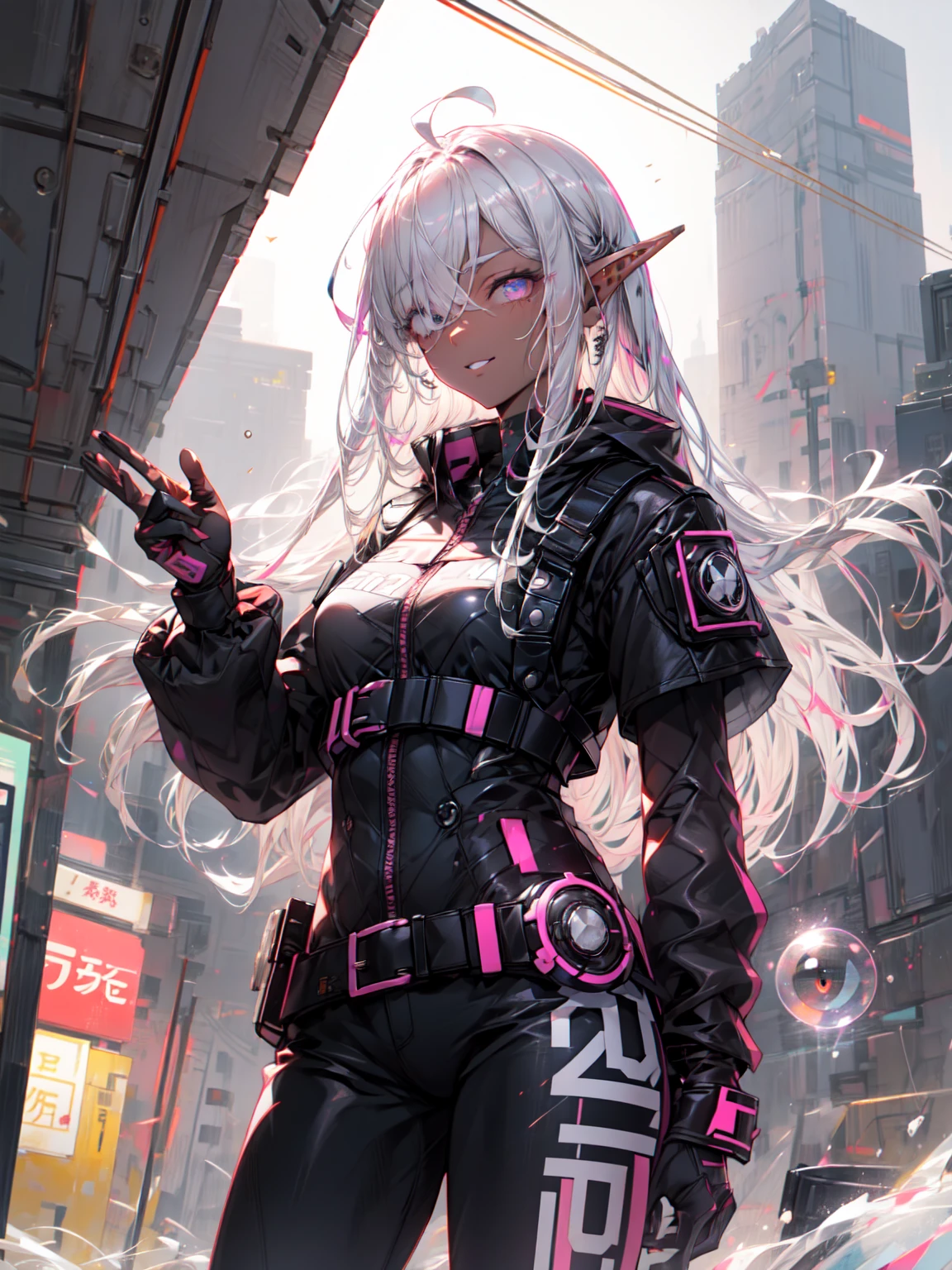 ((masterpiece)), (Highest quality), (Highest quality), ((非常にdetailed, 8K quality)), aesthetics, Cinema Lighting, (detailedな線画), Confused, (Optimal Configuration), (High resolution), Watercolor paints, Calm色, Warm colors, Highest quality, Delicate brushwork, 
Blake
cyberpunk Dark Elf woman,  wearing japanese Techwear, black harajuku fashion, Cyberpunk Streetwear, wearing Cyberpunk Streetwear, Techwear, Armored Organic Cyborg,  Mecha_musume,  High quality fabric, Armor Textures, 彼女はandても(relax) and(Calm) exterior, Please raise your hand, Contrasting, Cowboy Shot, Dutch Angle, Golden Ratio,  Dramatic cinematic atmosphere, Fantasy, Complex, elegant, 非常にdetailed, Vibrant, Realistic,  Art Station, shape, Concept Art, Smooth, Sharp focus, Cyberpunk-style brush painting by Yoji Shinkawa, by Mikimoto Haruhiko, by art germ,
Blake
非常にdetailed of (Dark Elf), (1 Girl), alone, Perfect Face, detailed, Ahoge, ((Long Hair:1.2)), (Hair above one eye:1.3), [[Messy Hair]], Shiny blonde white hair, Purple eyes, Variegated eyes, Colorful Hair, Shining Eyes, (eyelash, eye shadow, pink eye shadow), bright, smile, Design Art：Haruhiko Mikimoto, by Kawashi, By Yoshitaka Amano,
break, 
((Perfect Anatomy)), Perfect body, Abdominal muscles, Medium Chest, Best Hand, Perfect Face, Beautiful Face, Beautiful Eyes, Perfect Eyes, (Perfect Fingers, Thin fingers), Correct Anatomy, ((Dark Skin:1.2)),
break, 
Watercolor paints, Calm色, Warm colors, Highest quality, Delicate brushwork,Picture background, Remains, Some are submerged in water, bubble, bubble water, splash, Cyberpunk industry and neon lights, ケーブルandパイプ, ventilation duct, Police Line, (Written boundary depth:1.2), (Blurred Background:1.2), haruhiko mikimoto&#39;style, art germ, Kentaro Miura style, haruhiko mikimoto&#39;style, art germ, Kentaro Miura style,