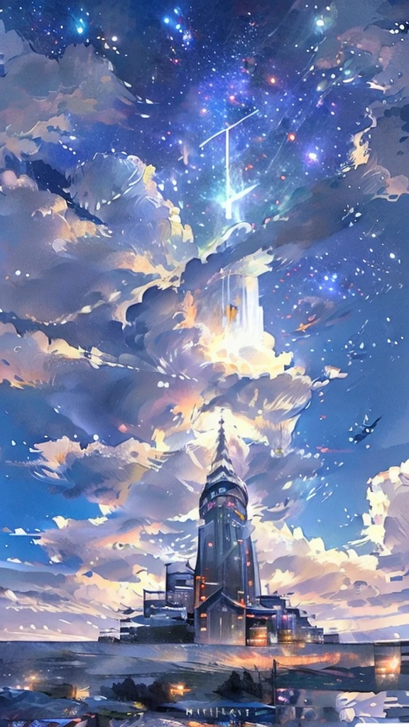 anime painting inspired by Makoto Shinkai, space art, sideways gray Norwegian forest cat sitting on the roof of a building looking at the sky, mysterious, fantastic, meteor shower, intricate lights, twinkling city lights,