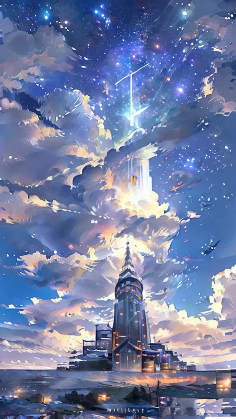 anime painting inspired by Makoto Shinkai, space art, sideways gray Norwegian forest cat sitting on the roof of a building looki...