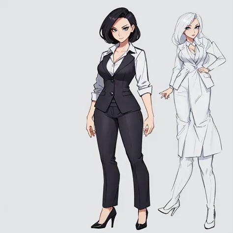 a cartoon of a woman in a business suit and heels, character full body portrait, female lead character, full body character port...