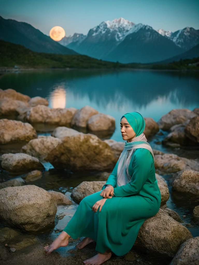 mittlere Aufnahme, Seitenansicht, eine schöne Koreanerin mit Hijab, türkisgrüner langer Rock, auf einem Felsen sitzen, Knie gestützt, barfuß, Gesicht zur Kamera, trauriger Ausdruck, in einer sternenklaren Nacht. Großer roter Mond hinter den Bergen. Der ruhige See spiegelt die Nacht.  Realistische Szenen, Einzelheiten, Fotorealismus, 16k, abdurrahman saleh