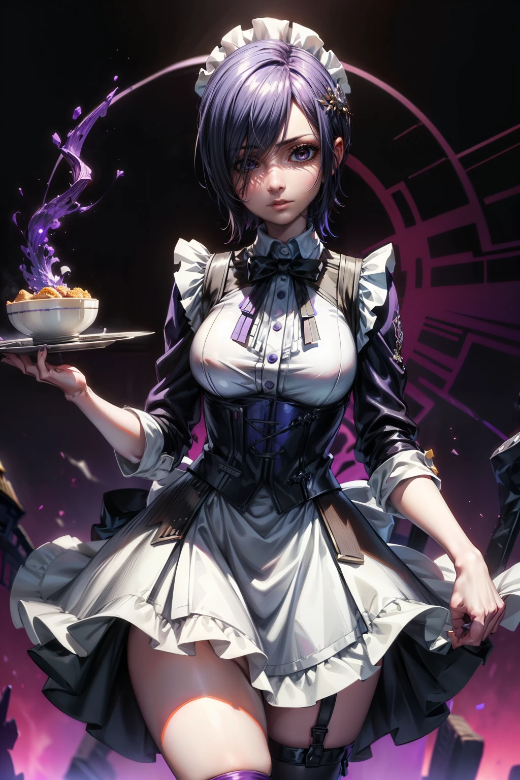 Beautiful face, beauty, white skin, purple-blue eyes, short purple-blue hair, hair covering her left eye, cute body, Cute waitress outfit, detailed black dress, white embellished apron, An ornate dress containing embellishments and bows, a castle maid's dress, black tie, castle background, Touka Kirishima, Tokyo Ghoul 