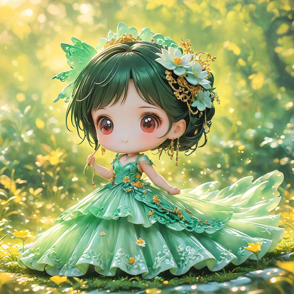 best quality, very good, 16K, ridiculous, Very detailed, charming((( Evening dress 1.3)))，Made of translucent jadeite, Background grassland（（A masterpiece full of fantasy elements）））， （（best quality））， （（Intricate details））（8K）